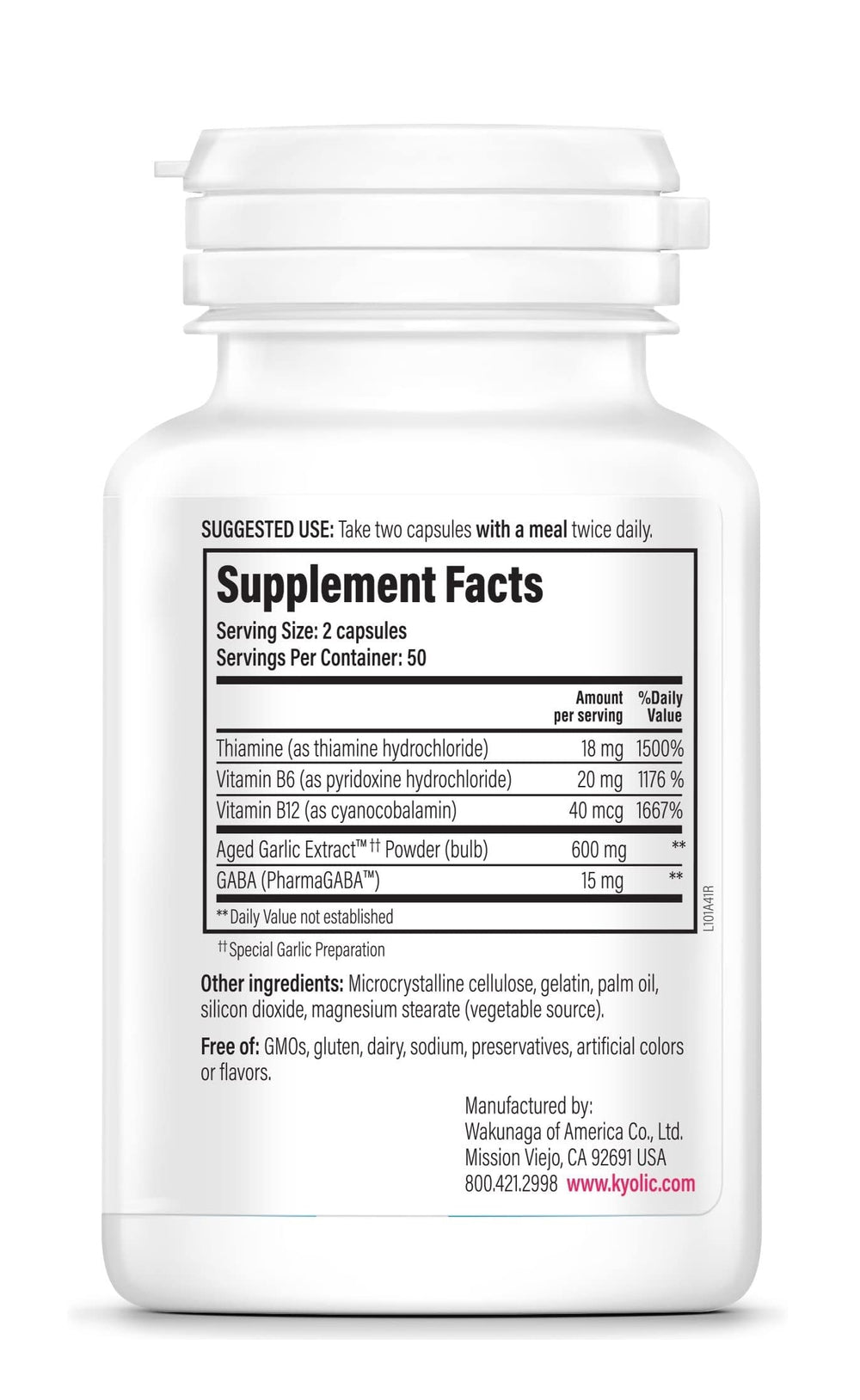 Ingredients: aged garlic extract with GABA and B vitamins