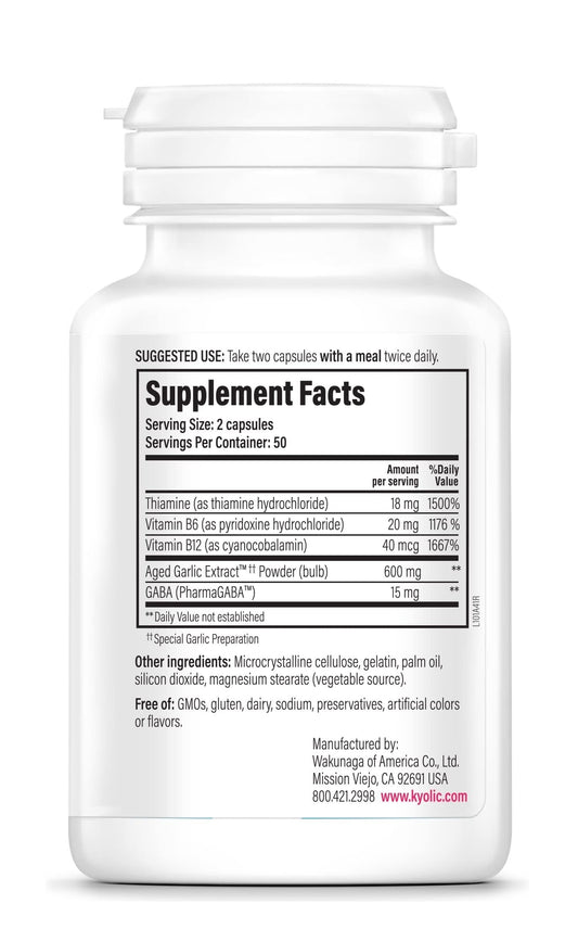 Ingredients: aged garlic extract with GABA and B vitamins