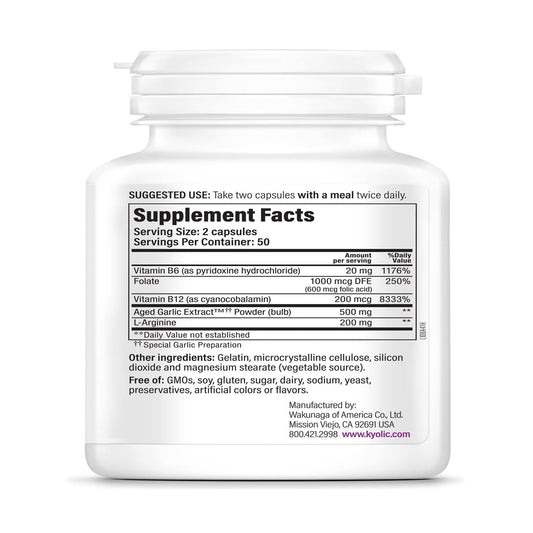 Ingredients panel showing Vitamin B6, B12, folate and L-Arginine with Kyolic Formula 108