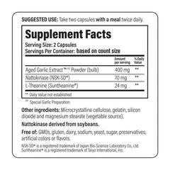 Kyolic aged garlic extract label detail emphasizing organic, odorless formula