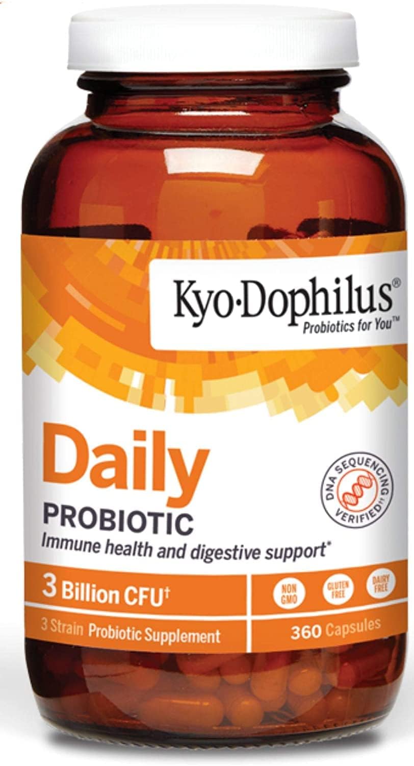 Kyolic Kyo-Dophilus daily probiotic bottle for digestive balance and on-the-go use.