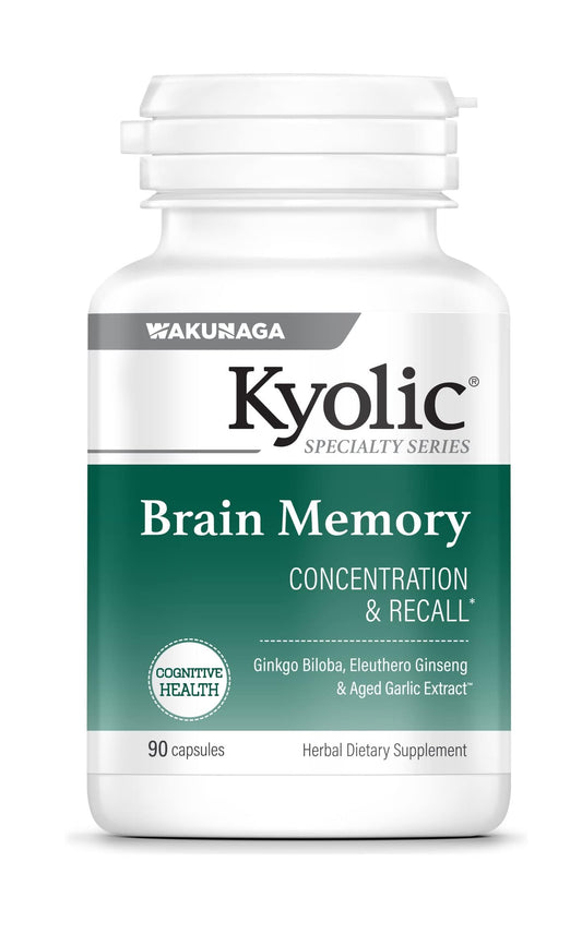 Kyolic Specialty Series Brain Memory supplement bottle with triple-extract herbs