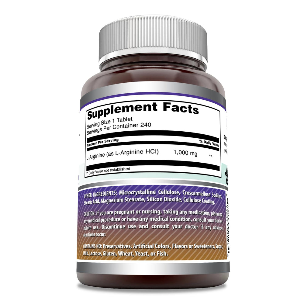 Non-GMO gluten-free L-Arginine 1000mg tablets label, USA-made