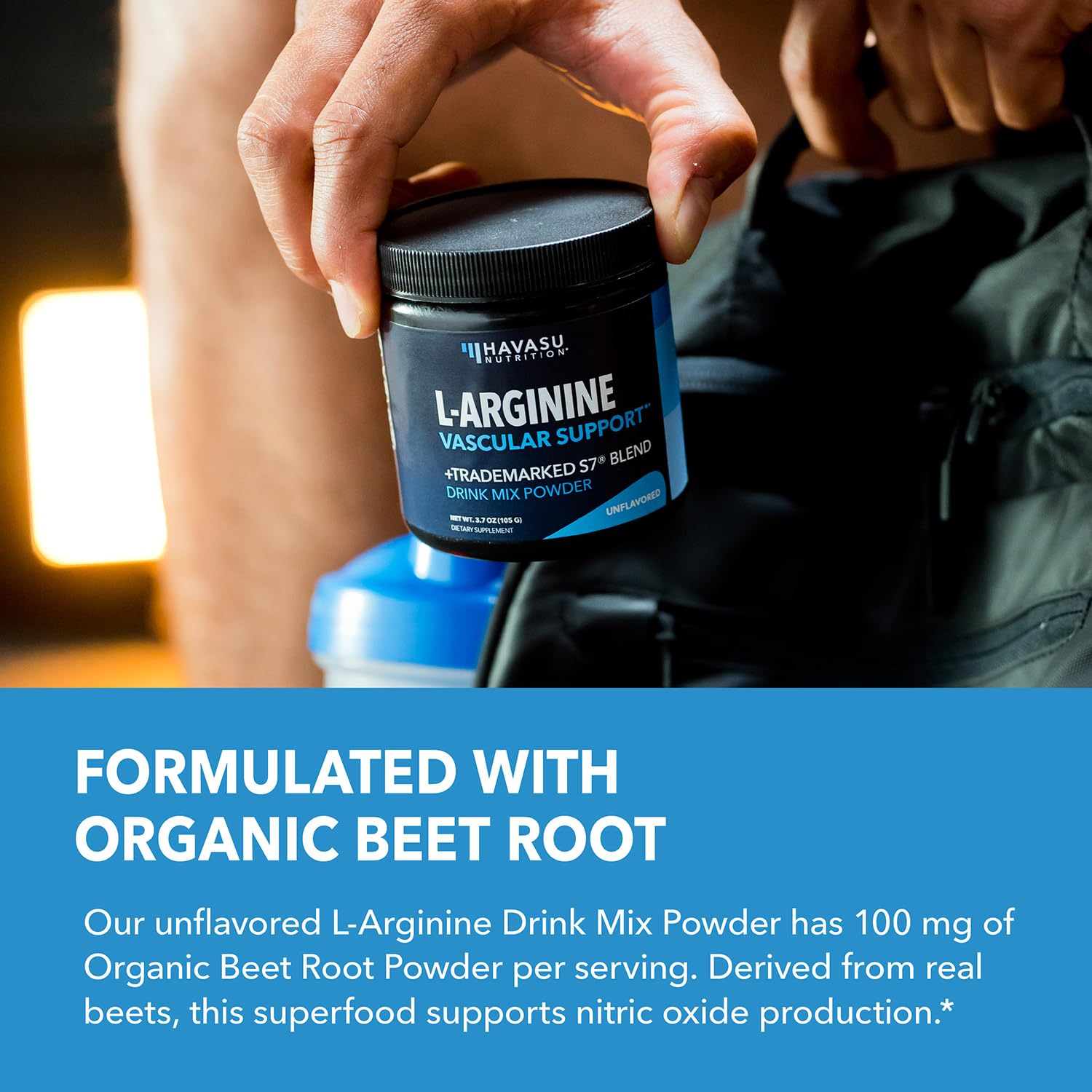 L-Arginine powder being prepared for a pre-workout drink
