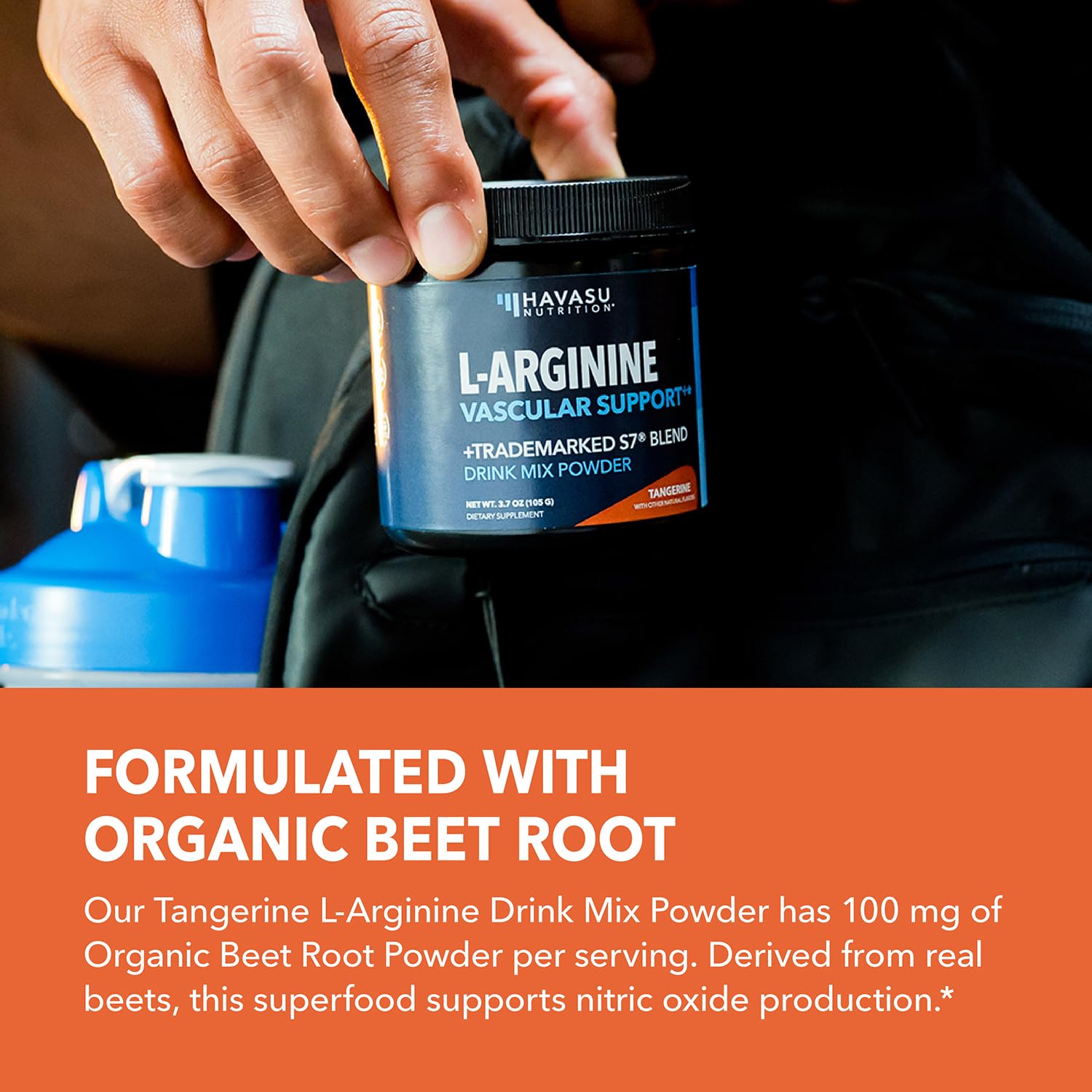Vegan-friendly packaging and flavor imagery for L-Arginine Powder Tangerine