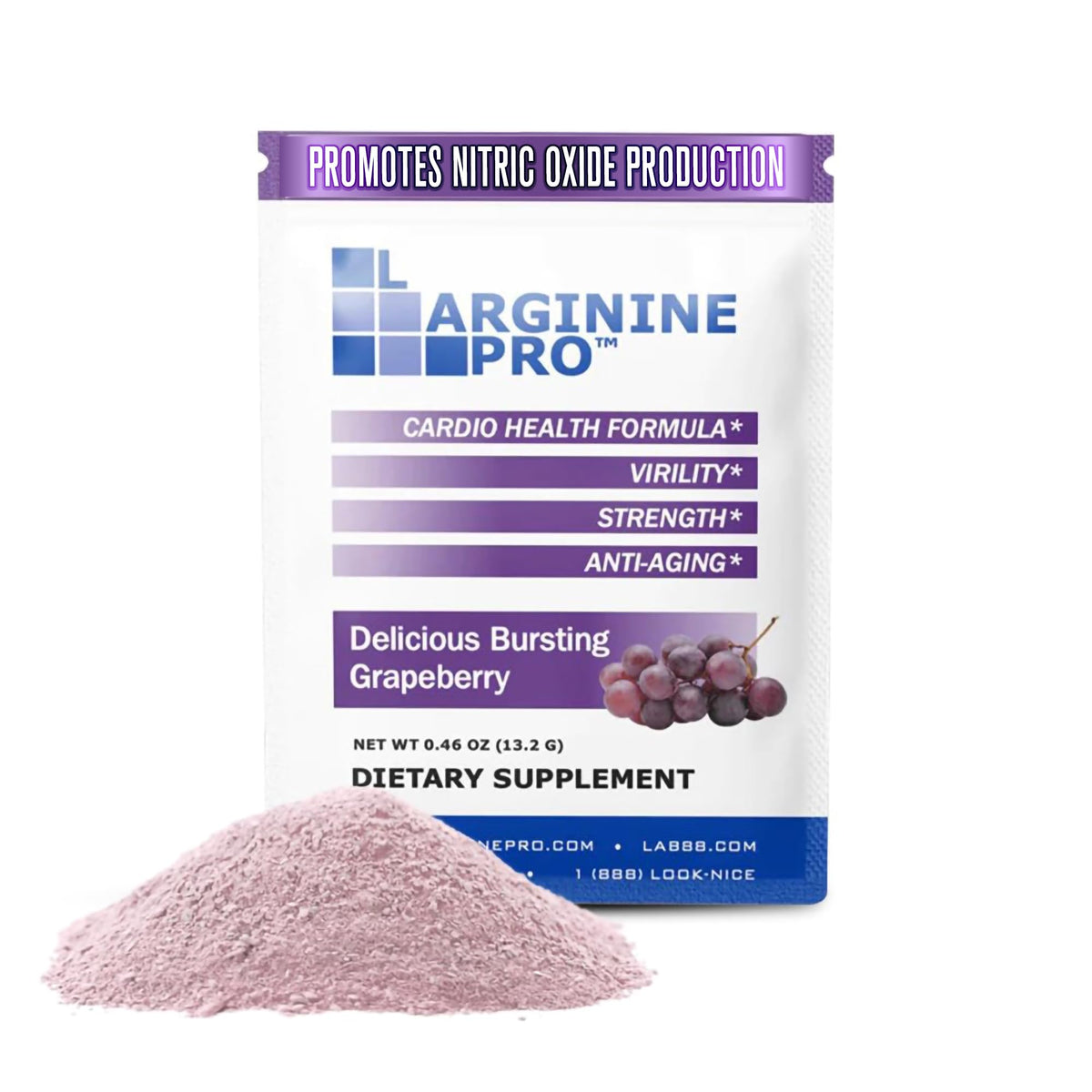 Hero image of L-ARGININE PRO grapeberry flavor powder showing 30 packets