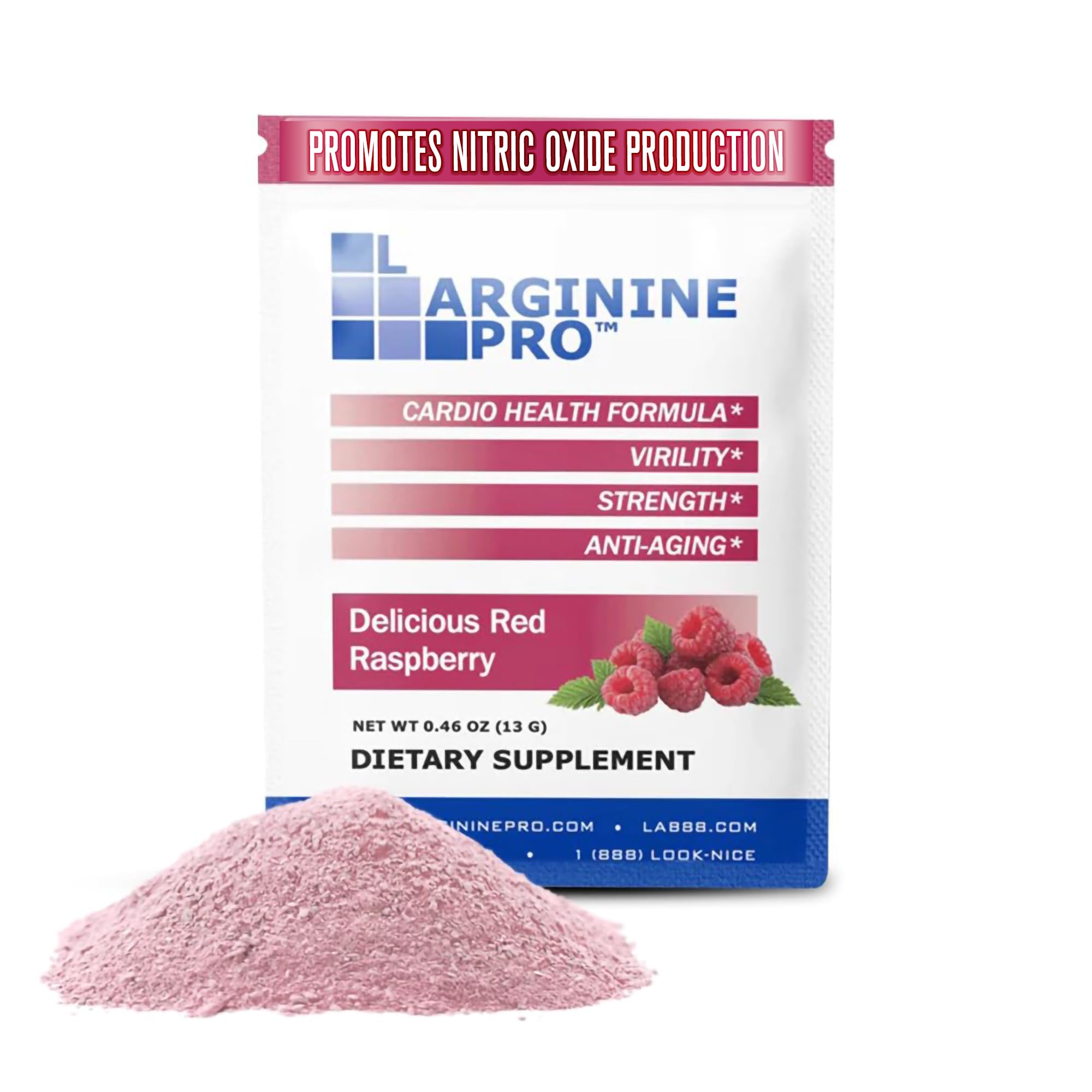 L-Arginine Pro Raspberry flavor powder packets – front view