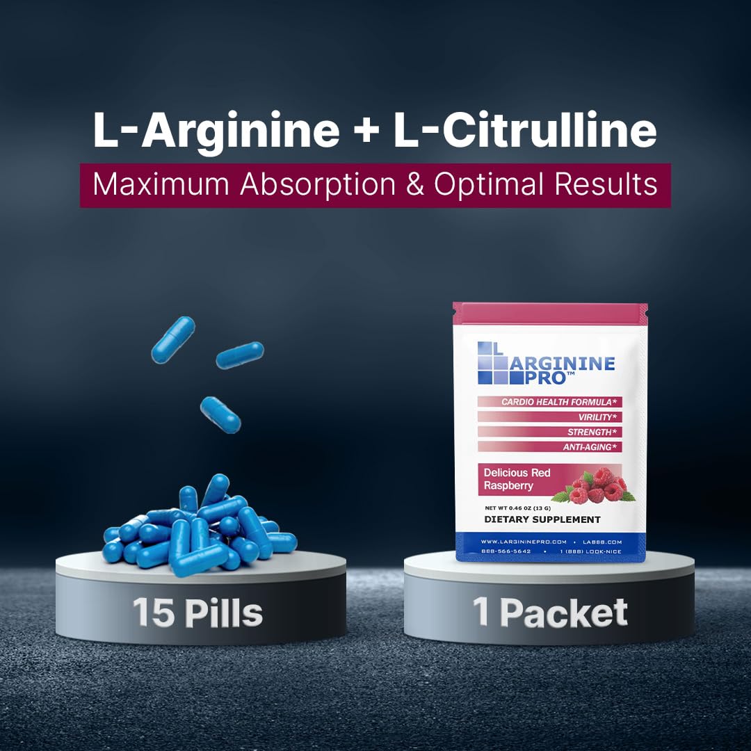 L-Arginine Pro Raspberry flavor packets displayed stack