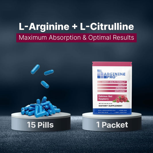 L-Arginine Pro Raspberry flavor packets displayed stack
