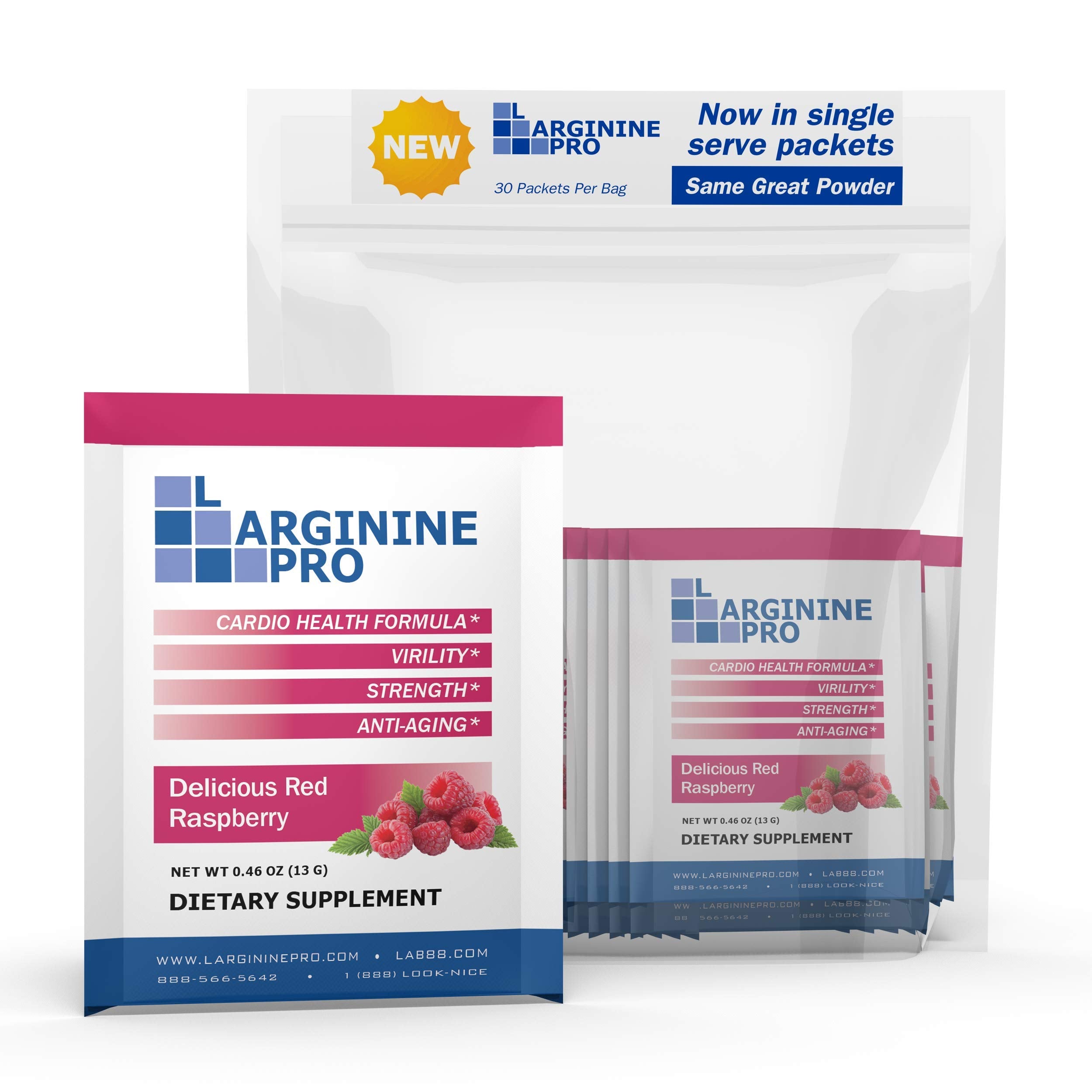 L-Arginine Pro Raspberry flavor packets close-up