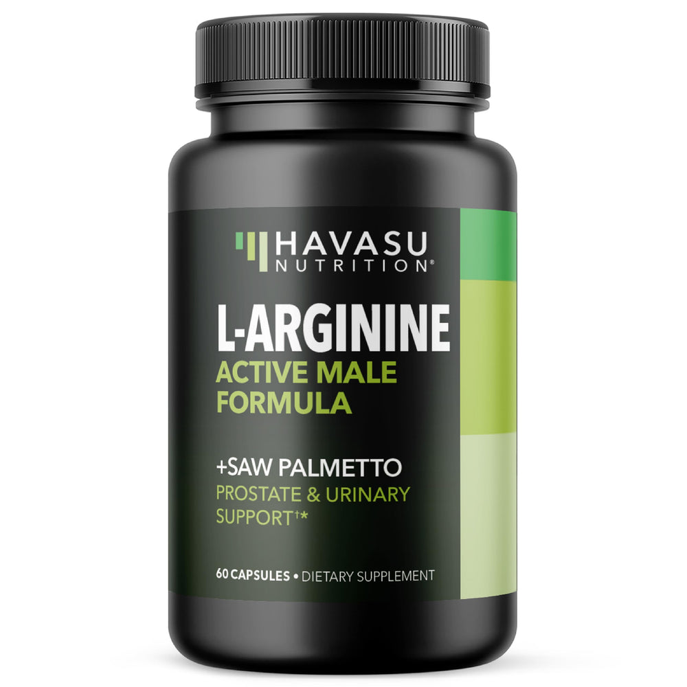 Bottle of L-Arginine 500mg and Saw Palmetto 500mg male health supplement