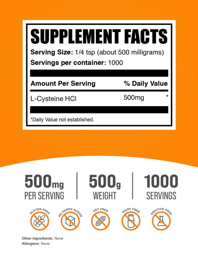 Packaging of BulkSupplements L-Cysteine HCl powder 500mg 500g