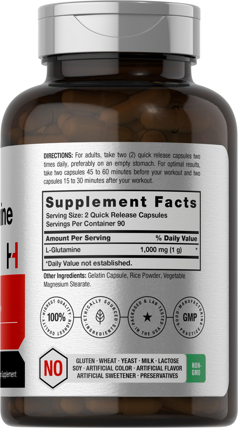 Close-up of L-Glutamine 1000mg quick-release capsules