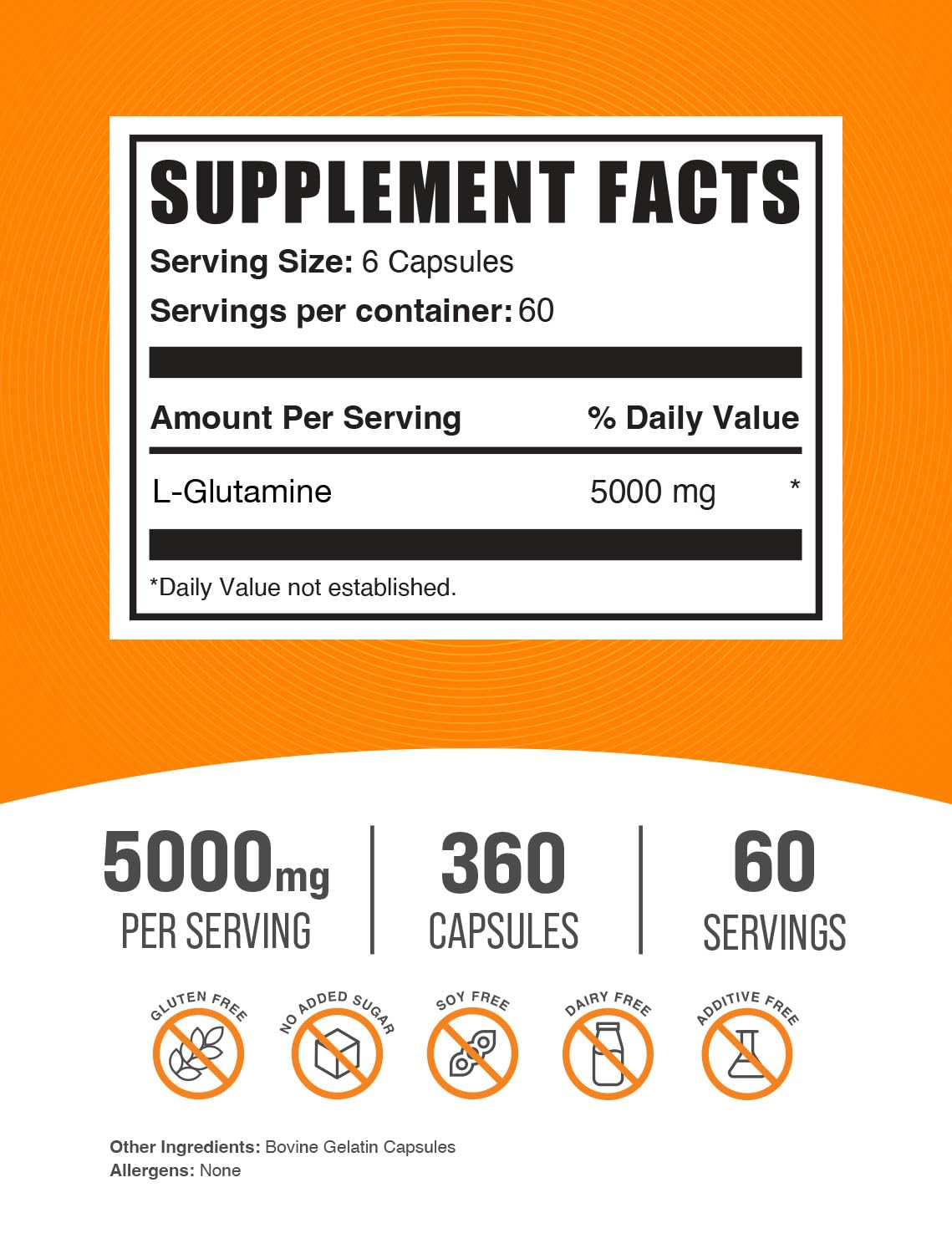 Close-up of L-Glutamine capsules showing 5000mg dosage
