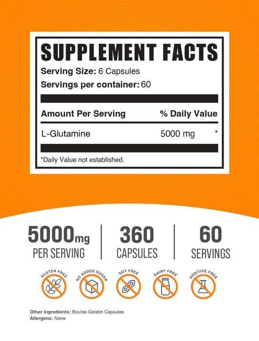 Close-up of L-Glutamine capsules showing 5000mg dosage