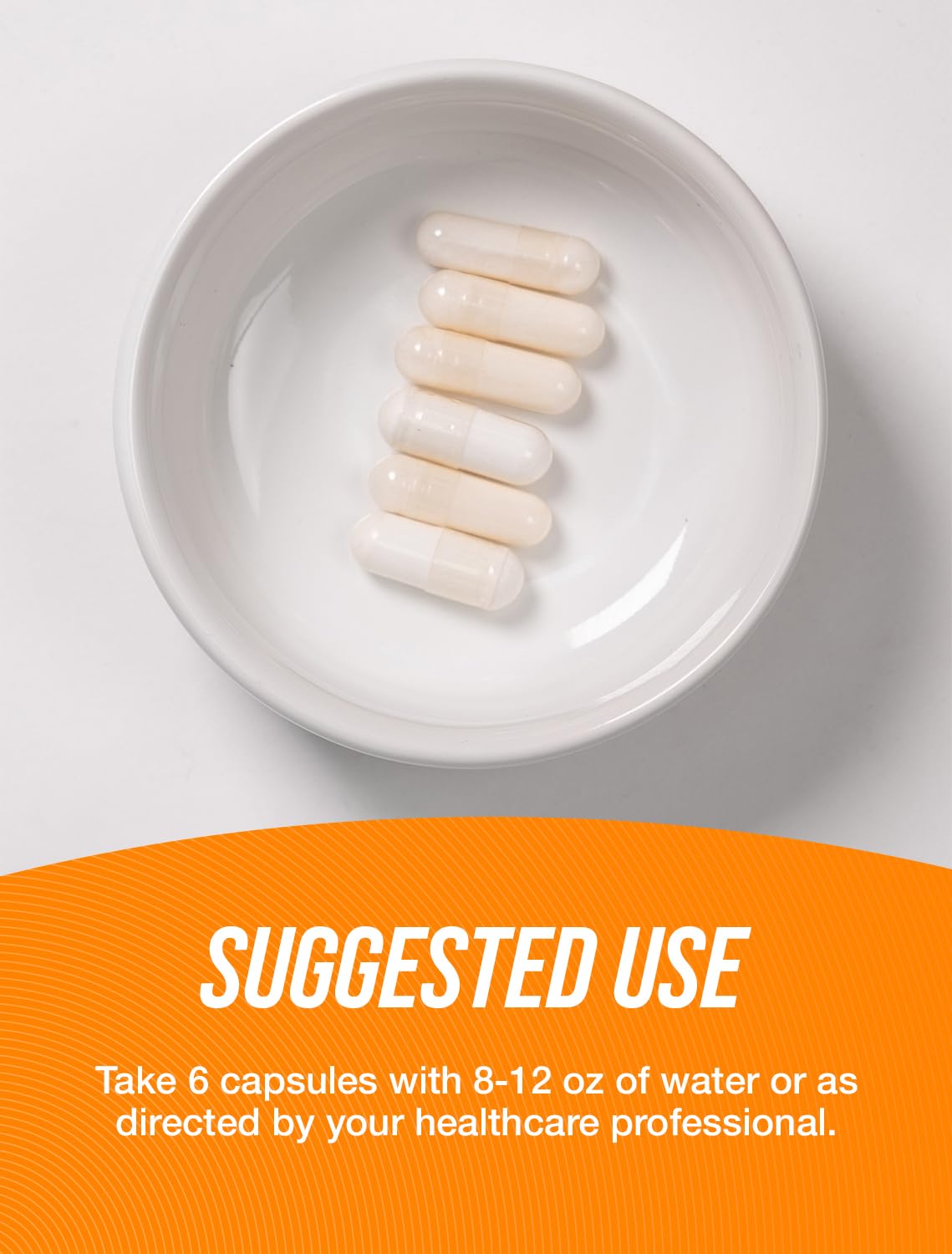 Serving size illustration: 6 capsules per serving