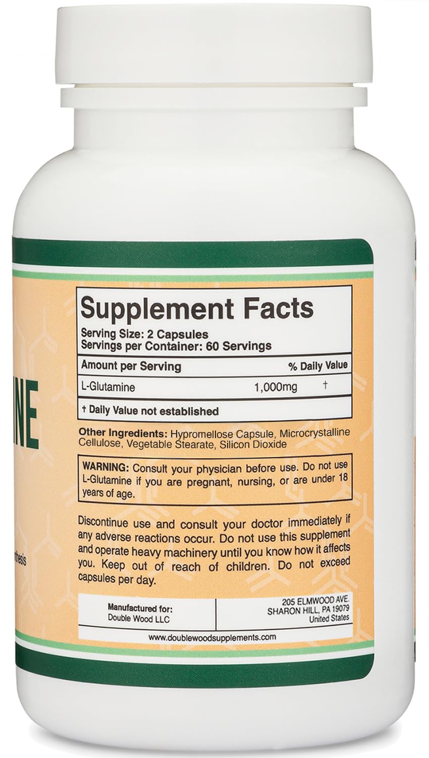 L-Glutamine ingredients label and capsules