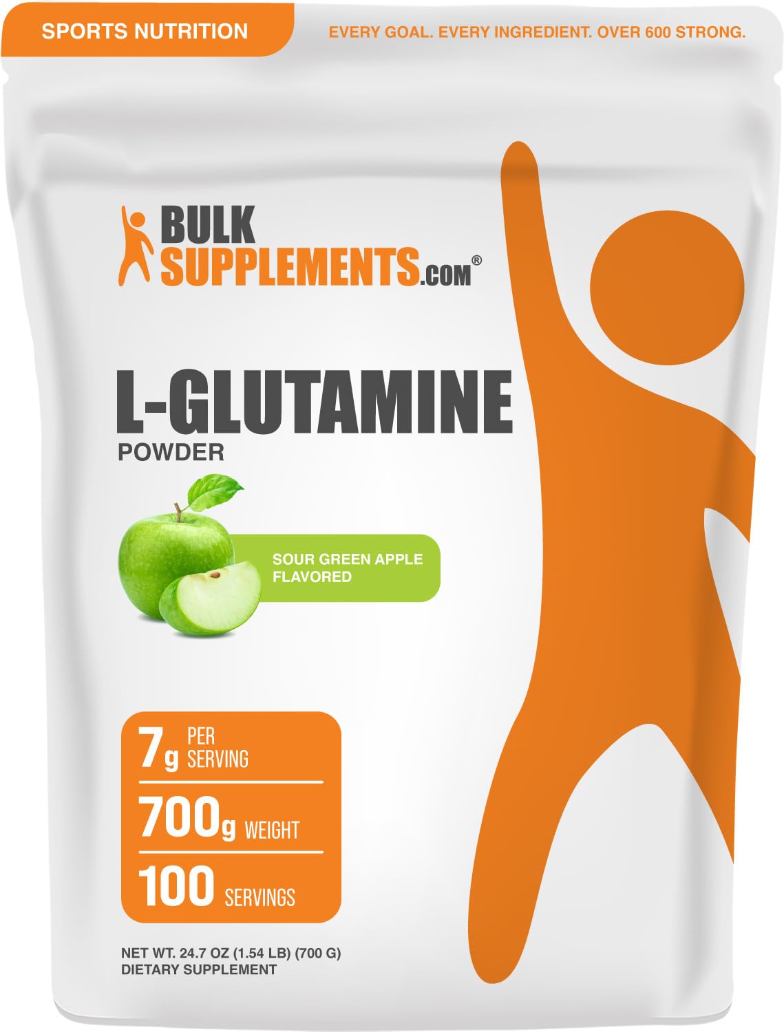 Front view of BulkSupplements L-Glutamine Powder Sour Green Apple 700g