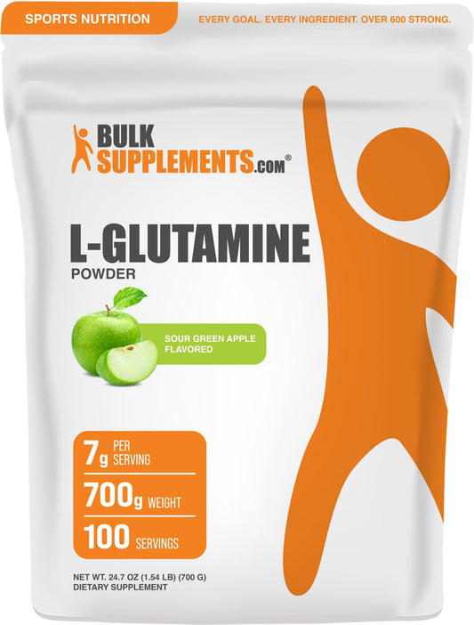 Front view of BulkSupplements L-Glutamine Powder Sour Green Apple 700g