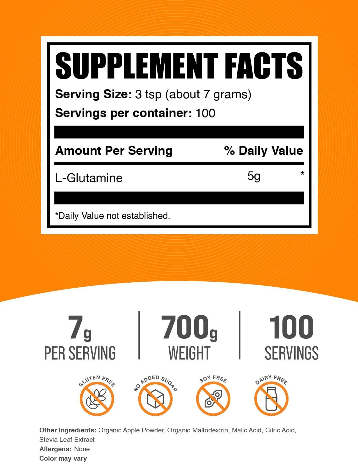 Serving size image showing 7 g dose of L-Glutamine powder in Sour Green Apple flavor
