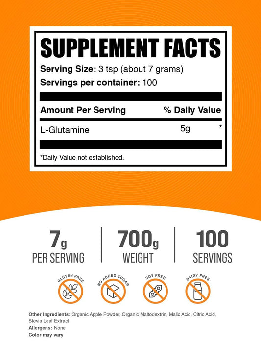 Serving size image showing 7 g dose of L-Glutamine powder in Sour Green Apple flavor