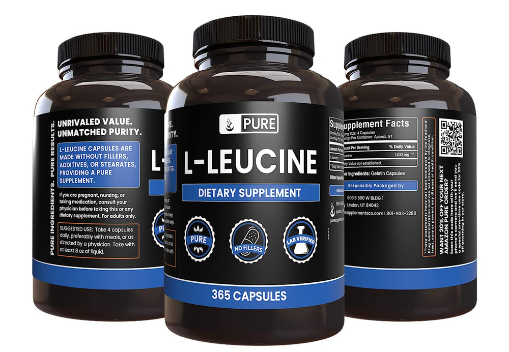 L-Leucine capsules highlighting single-ingredient formula.
