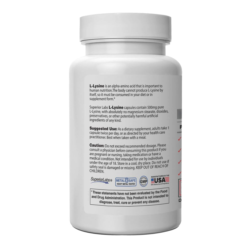 Close-up of L-Lysine 500 mg immune support capsules