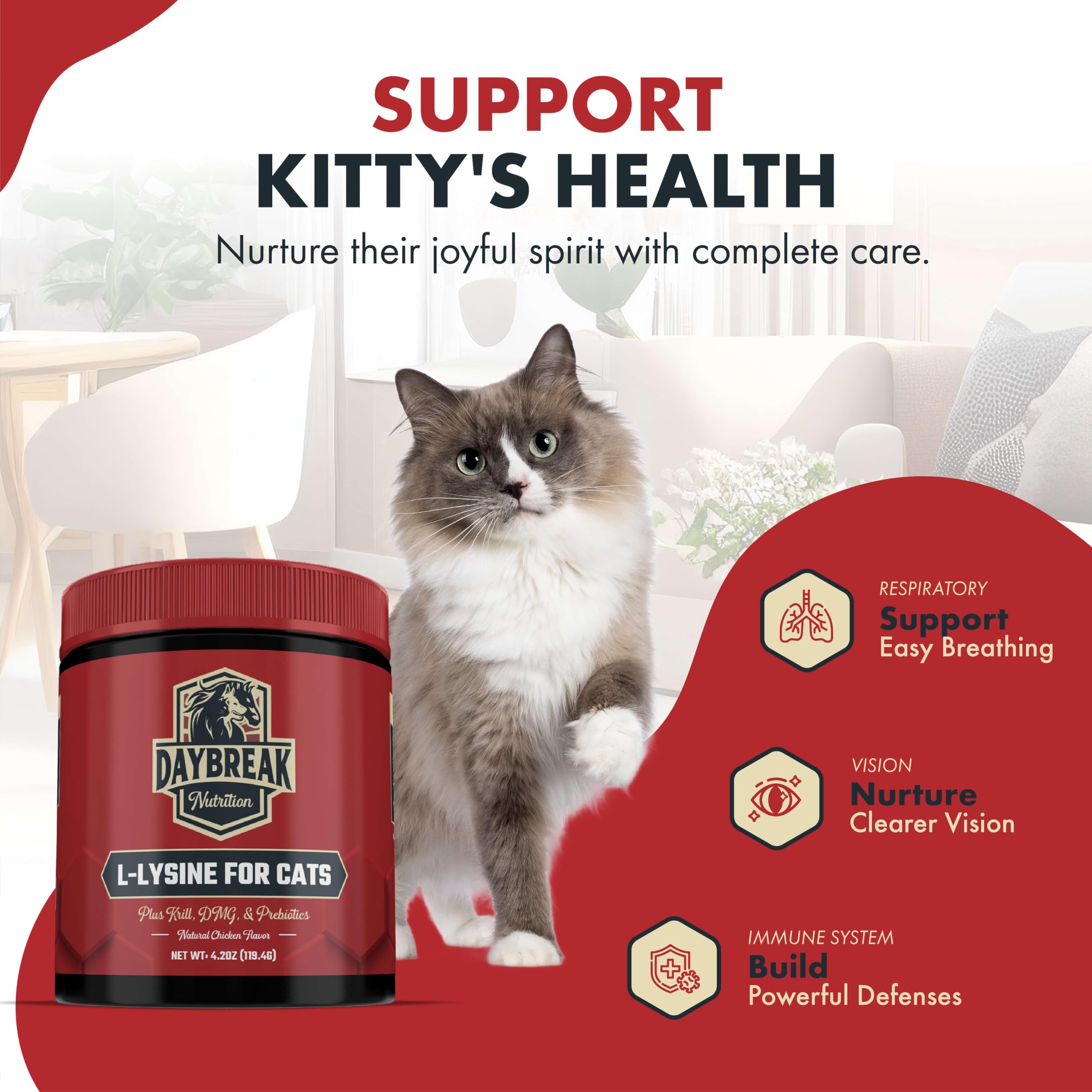 Product image highlighting prebiotics, Krill oil, and DMG