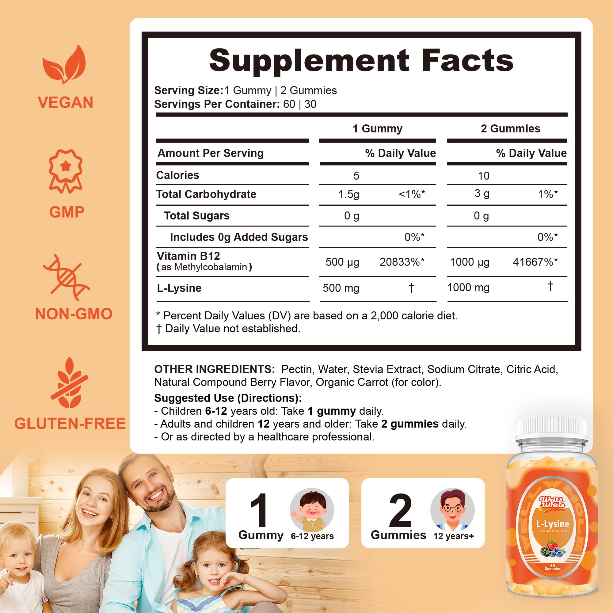 Back label of L-Lysine Gummies bottle showing 1000mg L-Lysine and 1000mcg Vitamin B12