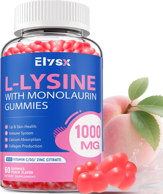 Product image: L-Lysine gummies 1000mg with Monolaurin, sugar-free peach flavor, 60 count