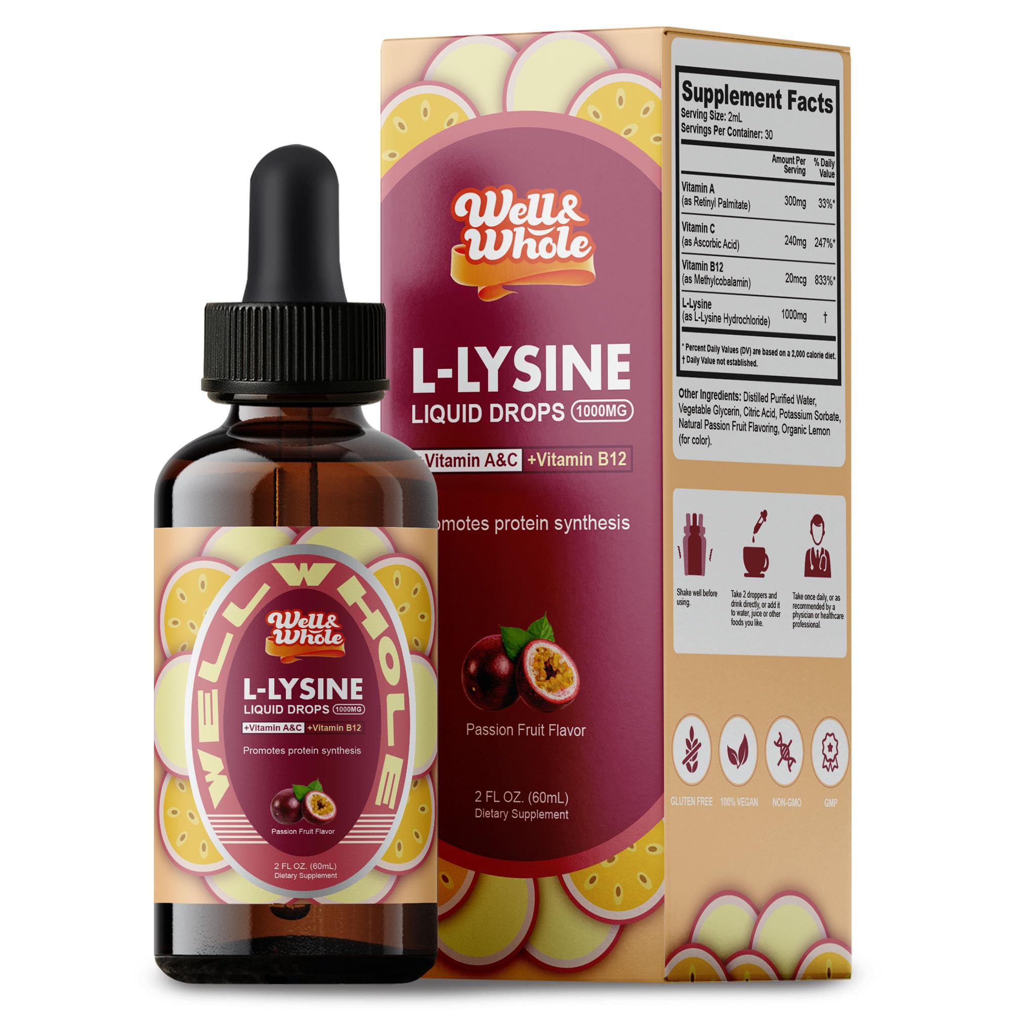 Glass bottle of L-Lysine Liquid Drops 1000mg with dropper
