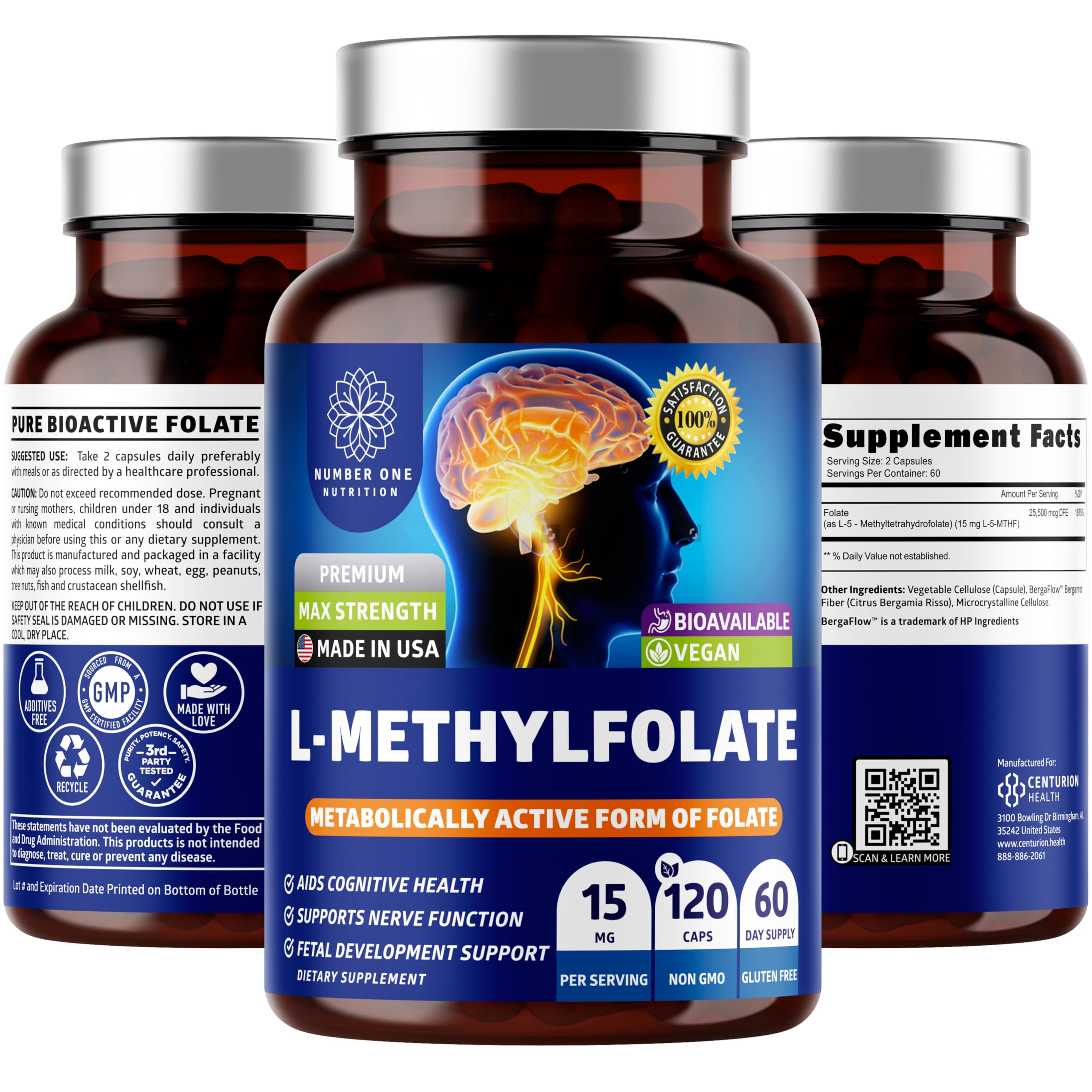 Front view of Number One Nutrition L-Methylfolate 12.75mg bottle with 120 capsules visible