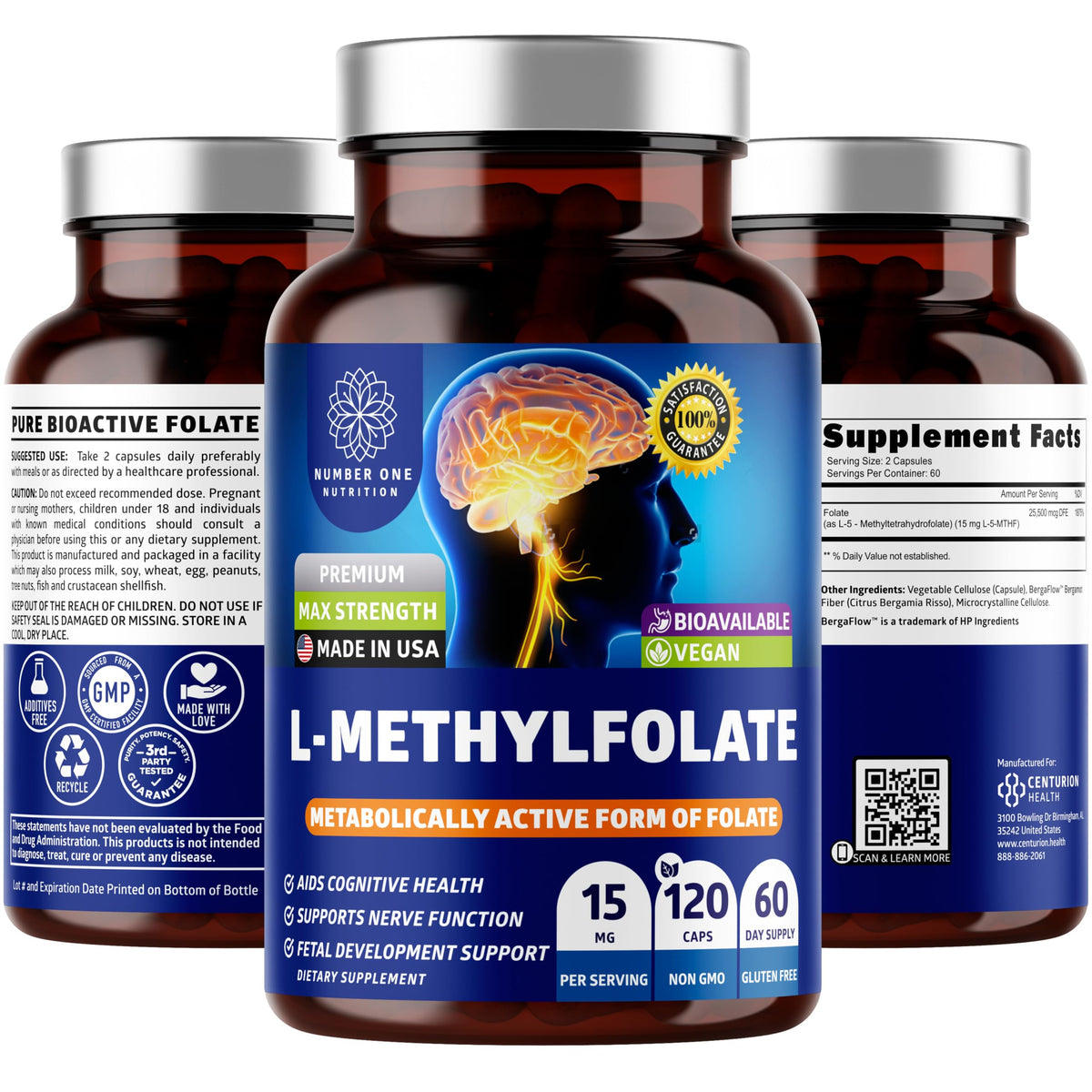 Front view of Number One Nutrition L-Methylfolate 12.75mg bottle with 120 capsules visible