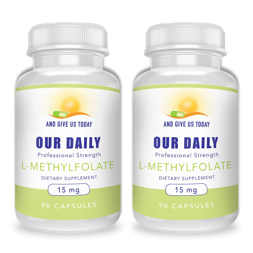 Two-bottle package of L-Methylfolate 15mg with 180 capsules.