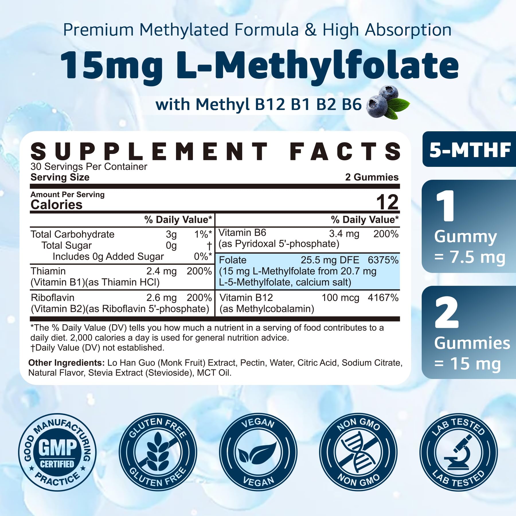 Bottle and packaging of L-MethylFolate 15mg methyl B12 gummies, 60 count
