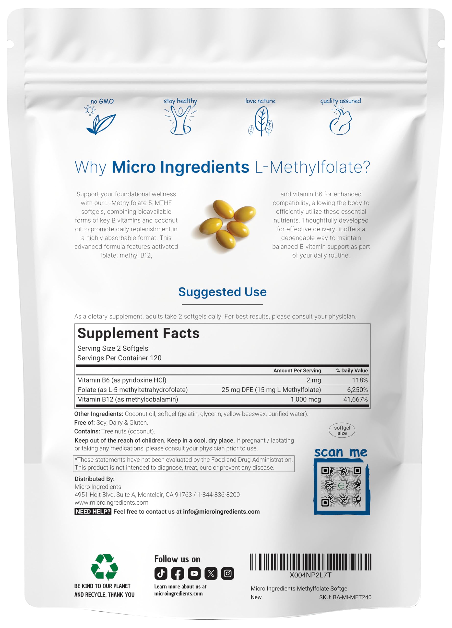 L-Methylfolate 15mg softgels with coconut oil - bottle label back