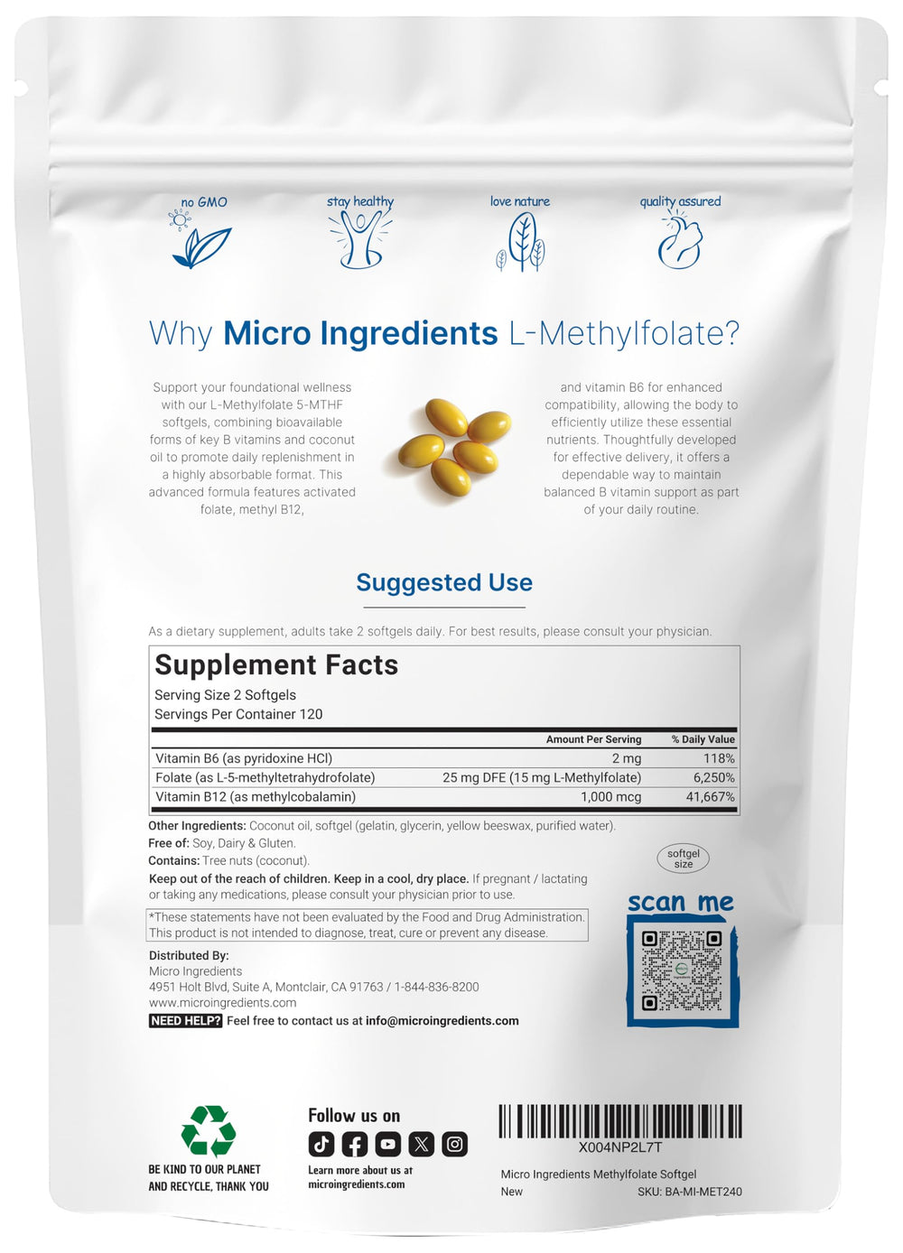 L-Methylfolate 15mg softgels with coconut oil - bottle label back