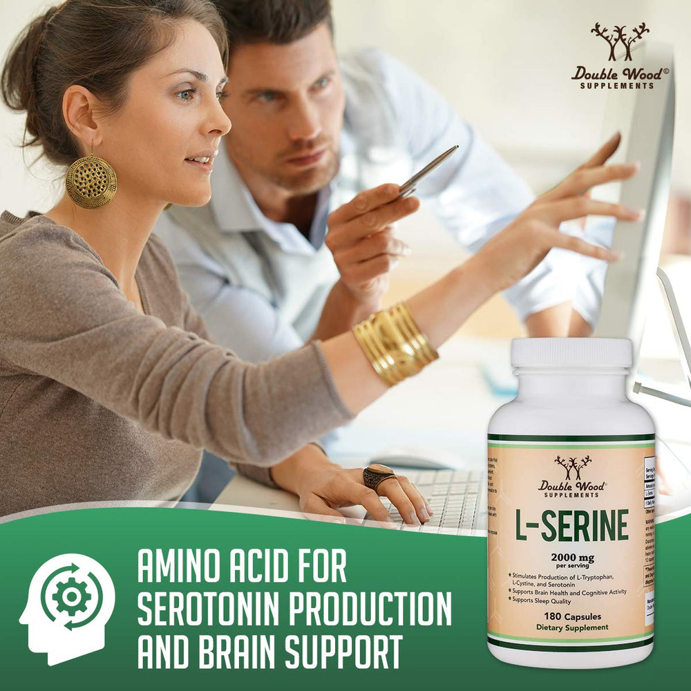 Icons indicating vegetarian, Non-GMO, and gluten-free for L-Serine capsules