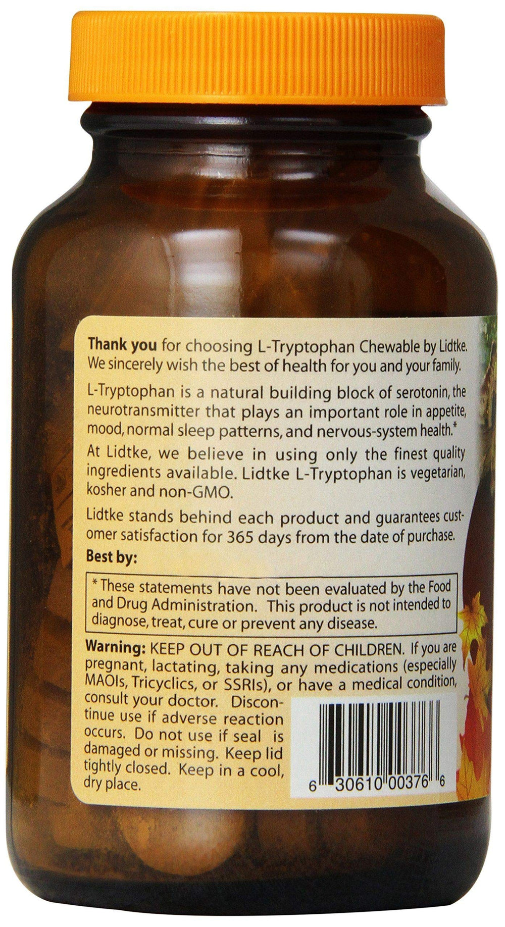 Lidtke Technologies L-Tryptophan chewable tablets bottle label