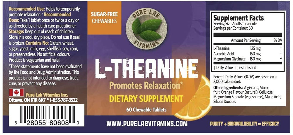 Sugar-free L-Theanine 125 mg labeling on bottle
