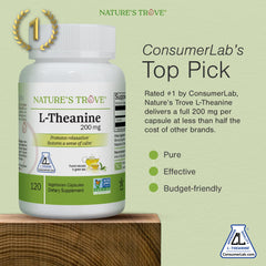 Nature's Trove L-Theanine packaging and capsule bottle on white background