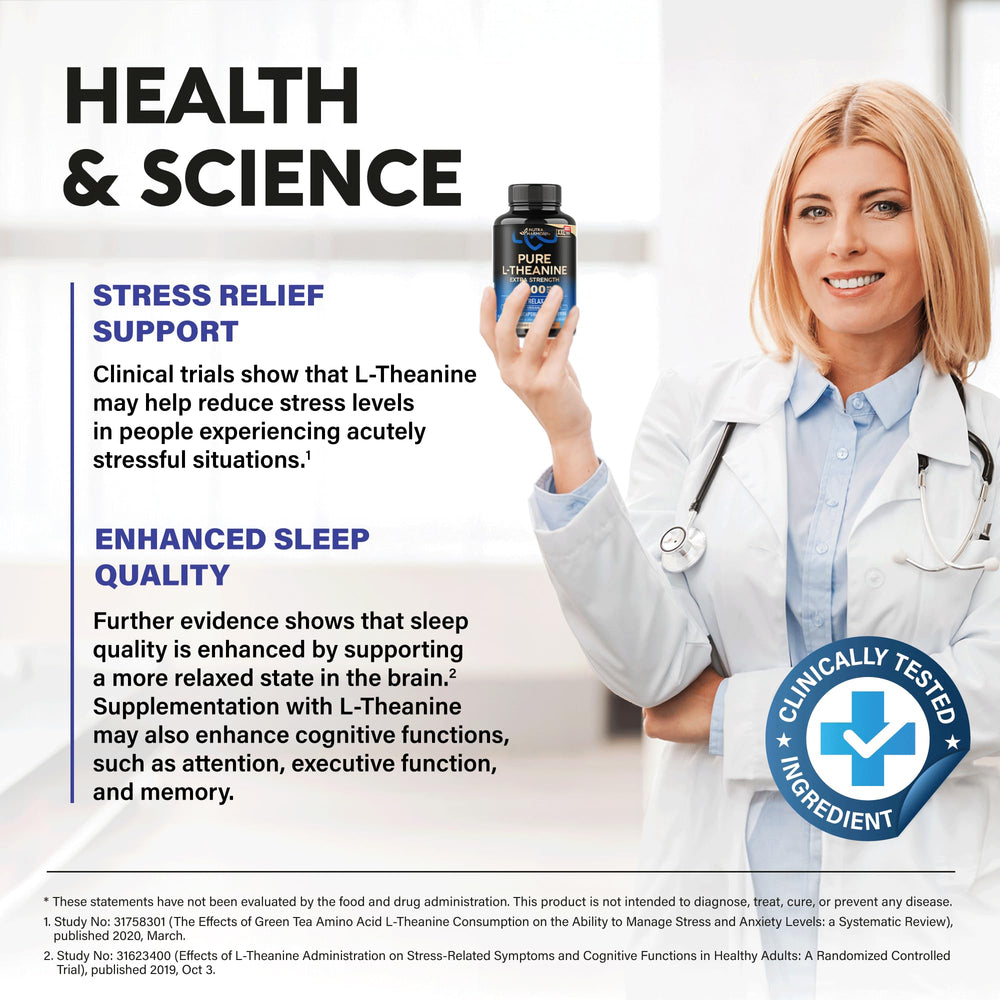 Made in USA badge on L-Theanine bottle