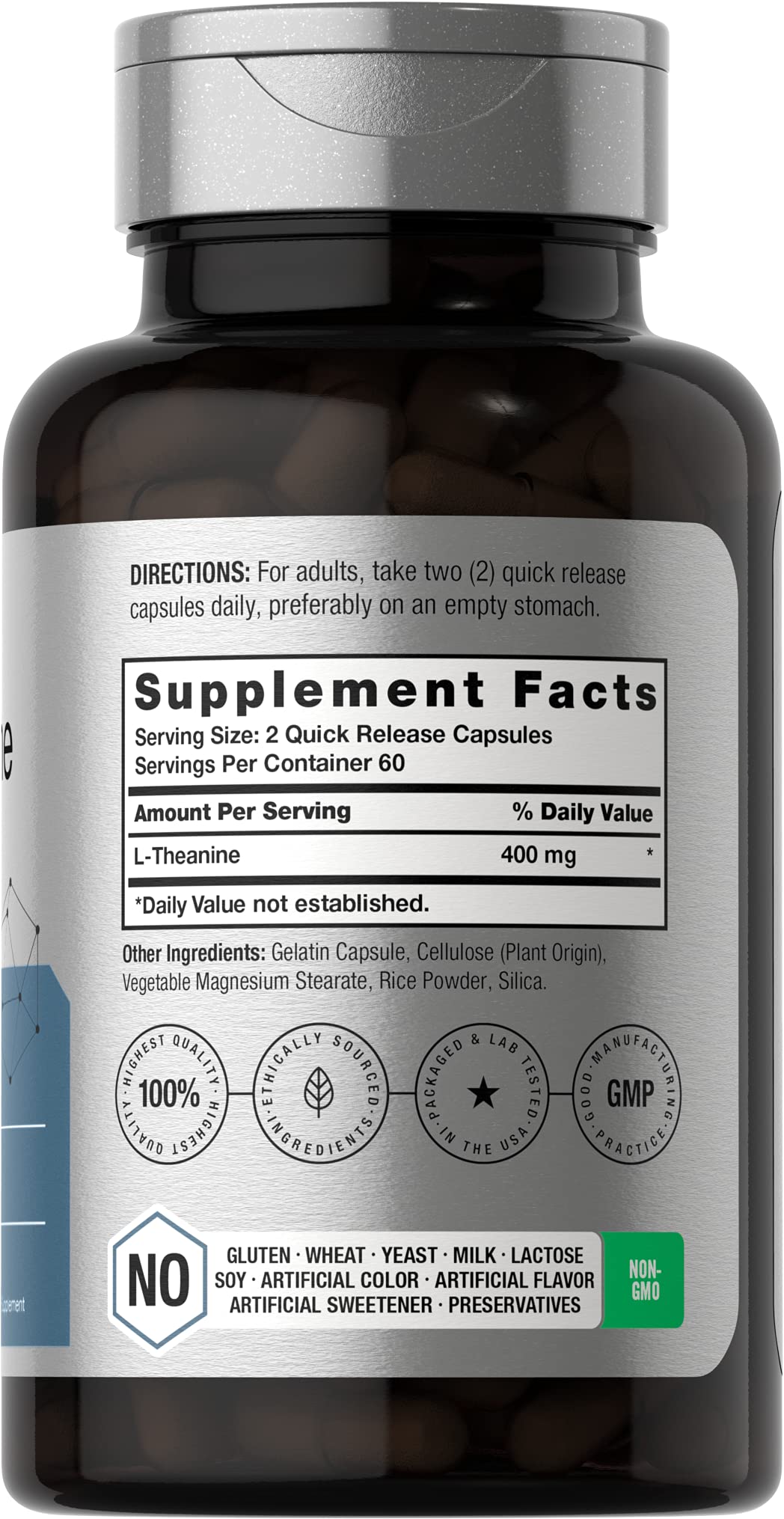Close-up of 400mg L-Theanine serving capsules