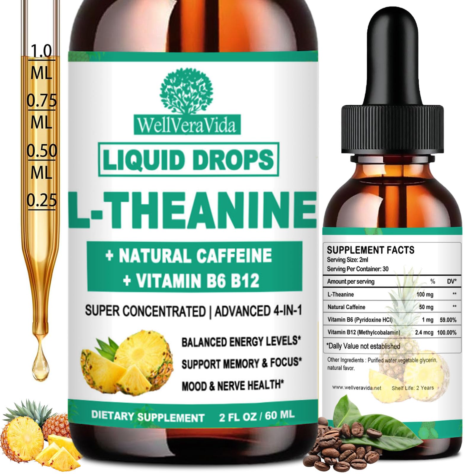 L-Theanine Caffeine Liquid Drops bottle with 100mg L-Theanine and caffeine blend