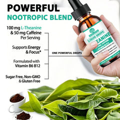 Close-up of ingredient label highlighting L-Theanine, Caffeine, Vitamin B12 and B6