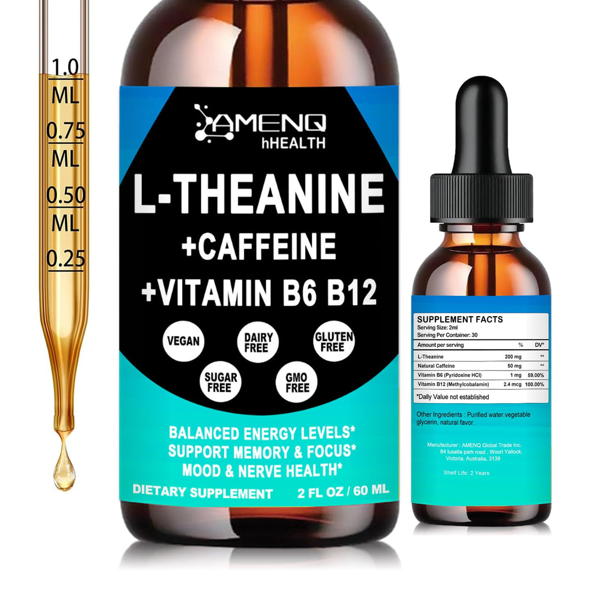 AMENQ L-Theanine Caffeine Liquid Drops bottle on white background