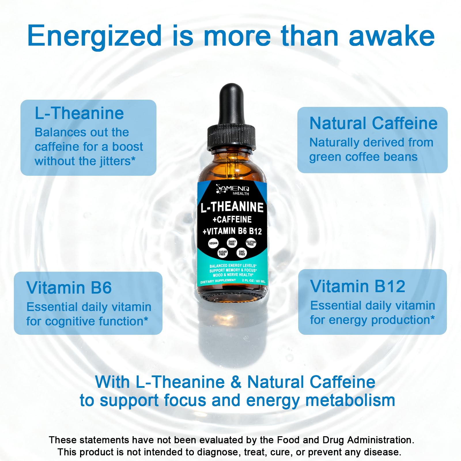 Dropper dispensing liquid from L-Theanine Caffeine Liquid Drops bottle
