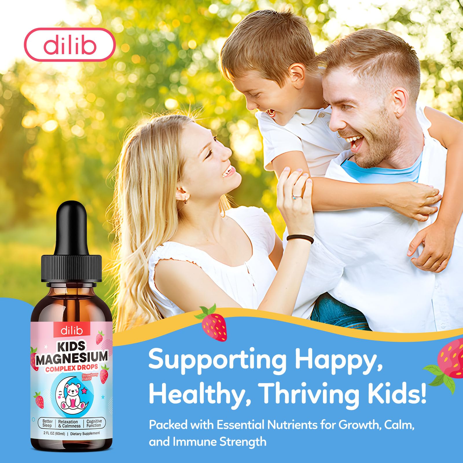 L-Theanine, chamomile and lemon balm ingredients in kids magnesium drops