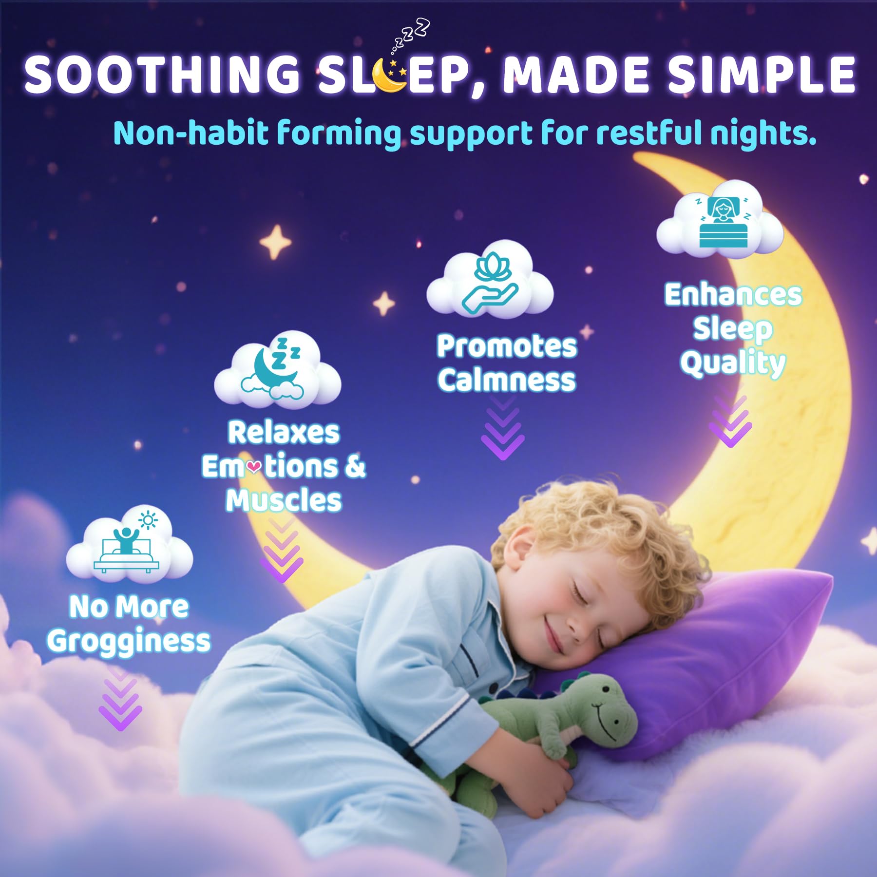 Contains L-Theanine, lavender, lemon balm formula
