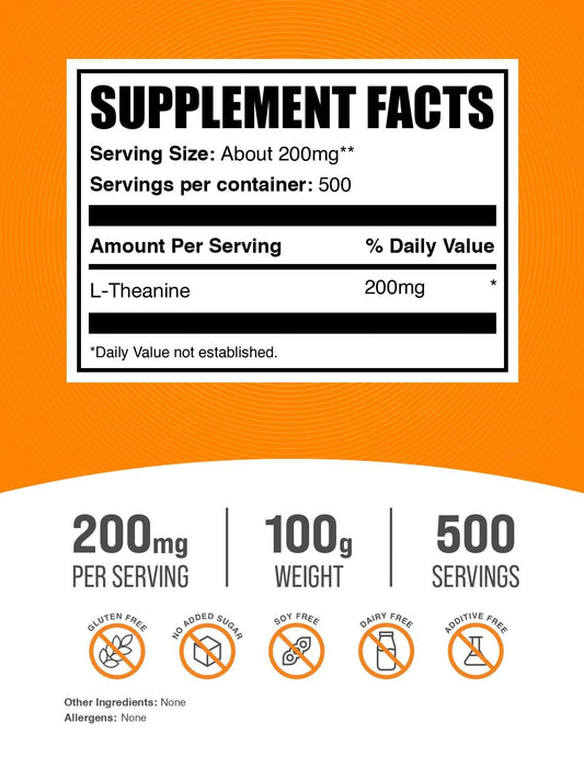 Unflavored gluten-free L-Theanine powder, 200mg per serving